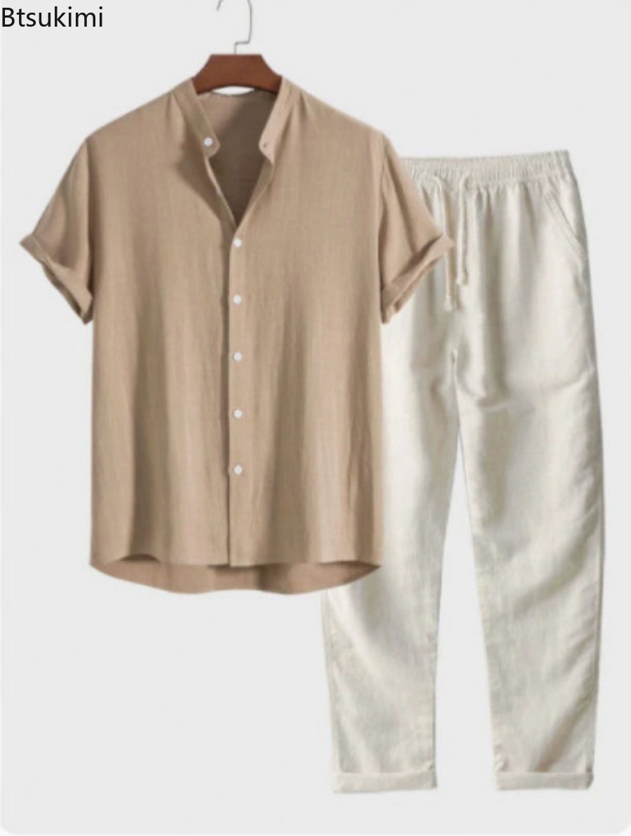 2026年メンズファッション無地ビーチツーピースセット夏軽量 - Short Linen Drawstring のレビューと価格
